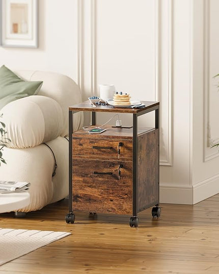 SUPERJARE File Cabinet with Lock & Charging Station, 2 Drawers Rolling Filing Cabinet, Office File Cabinet with Wheels & Open Shelf, for Home Office, A4/Letter Size Files - Rustic Brown - LeafyLoom