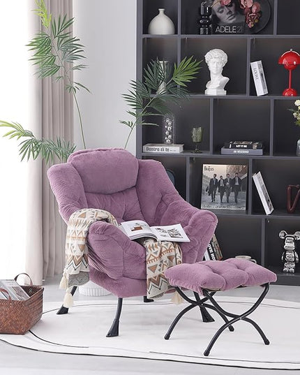Lazy Chair with Ottoman, Modern Accent Chair Contemporary Lounge Leisure Upholstered Sofa Chair Set with Armrests, Reading Chair for Living Room, Bedroom, Office, Plush Purple - LeafyLoom