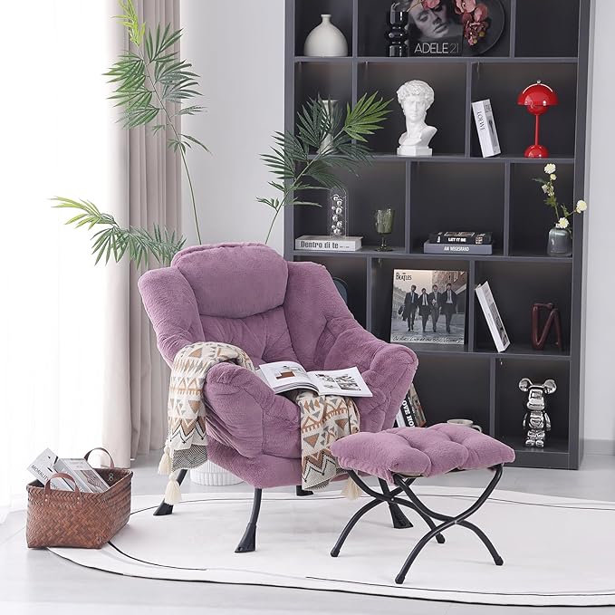 Lazy Chair with Ottoman, Modern Accent Chair Contemporary Lounge Leisure Upholstered Sofa Chair Set with Armrests, Reading Chair for Living Room, Bedroom, Office, Plush Purple - LeafyLoom