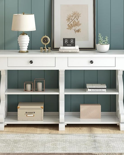 Retro Console Table with Ample Storage,Wood Sideboard Frame,W/Open Adjustable Shelves and 2 Drawers,Buffet Cabinet for Entrance Dinning Living Room,Antique White, 54.1" - LeafyLoom