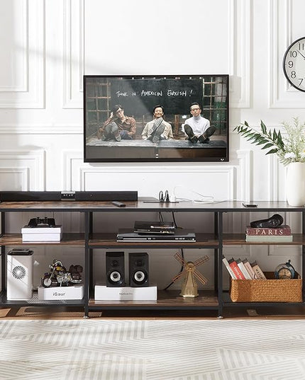 VECELO TV Stand with Power Outlets for Televisions Up to 70 Inch, Industrial Entertainment Center with 3-Tier Open Storage Shelves & 6 Hooks for Living, Bedroom and Gaming Room, 63 Inch, Brown - LeafyLoom
