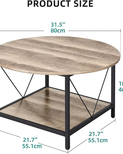 YITAHOME Round Coffee Table,Rustic Wood Coffee Tables for Living Room with Storage Shelf, Modern Farmhouse Circle Coffee Table Center with Sturdy Metal Legs Home Furniture, Grey Wash - LeafyLoom