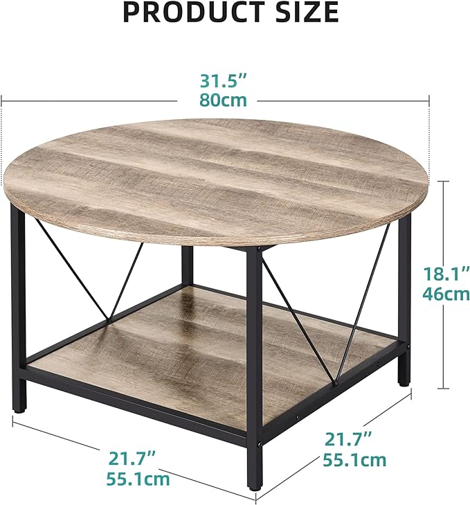 YITAHOME Round Coffee Table,Rustic Wood Coffee Tables for Living Room with Storage Shelf, Modern Farmhouse Circle Coffee Table Center with Sturdy Metal Legs Home Furniture, Grey Wash - LeafyLoom