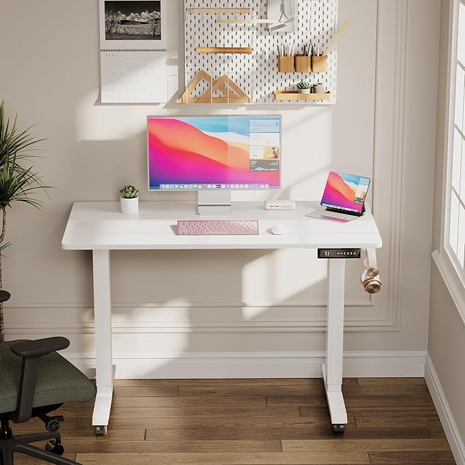 Electric Standing Desk 40 Inch, Ergonomic Height Adjustable Table with T-Shaped Metal Bracket Modern Computer Workstations for Home Office, White - LeafyLoom