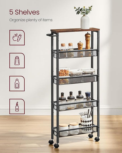 VASAGLE Slim Rolling Cart, 5-Tier Storage Cart, Narrow Cart with Handle, 5.1 Inches Deep, Metal Frame, for Kitchen, Dining Room, Living Room, Home Office, Rustic Brown and Black ULRC034B01 - LeafyLoom
