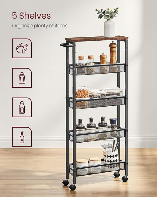 VASAGLE Slim Rolling Cart, 5-Tier Storage Cart, Narrow Cart with Handle, 5.1 Inches Deep, Metal Frame, for Kitchen, Dining Room, Living Room, Home Office, Rustic Brown and Black ULRC034B01 - LeafyLoom