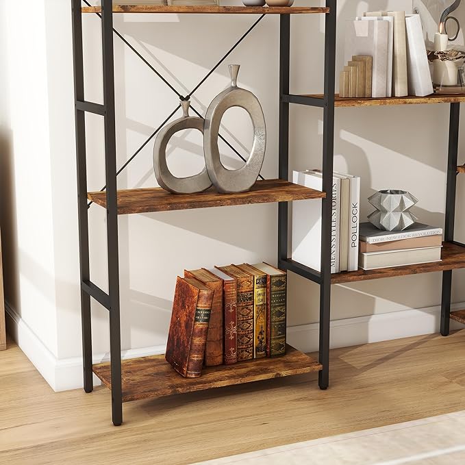 Panana Triple 4 tier bookshelf, Industrial Bookcase with 11 Open Display Shelves Wide Book Shelf Book Case with Metal Frame for Living Room Home Office (Brown) - LeafyLoom