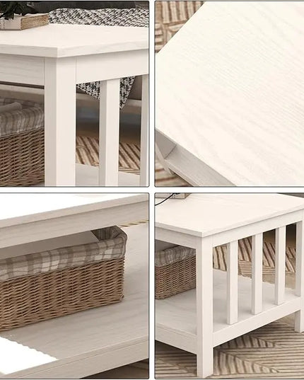 ChooChoo Farmhouse Coffee Table, Pure White Living Room Table with Shelf, 40 Inch - LeafyLoom