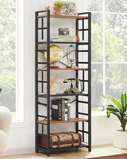 HOMBAZAAR Bookshelf,6 Tier Tall Bookshelf with Metal Frame,Open Bookshelves and Bookcases,Industrial Book Shelf for Living Room,Home Office and Bedroom,Rustic Brown - LeafyLoom