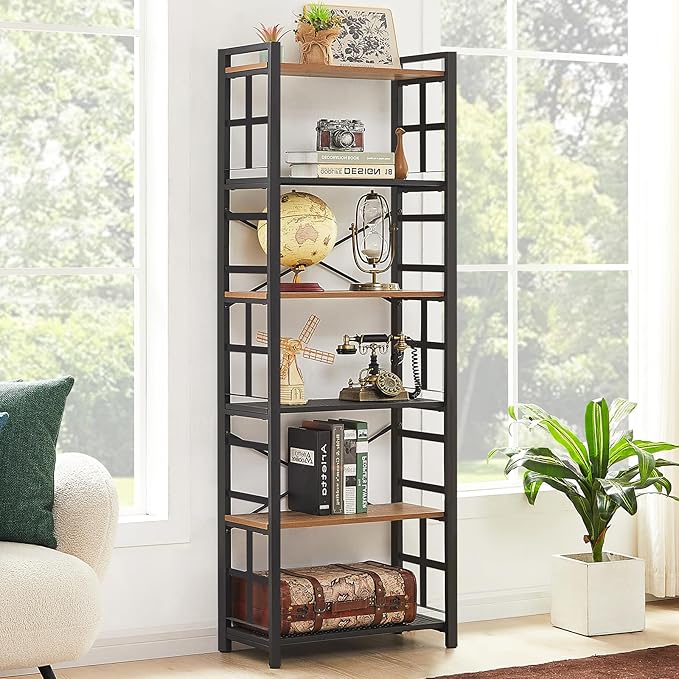 HOMBAZAAR Bookshelf,6 Tier Tall Bookshelf with Metal Frame,Open Bookshelves and Bookcases,Industrial Book Shelf for Living Room,Home Office and Bedroom,Rustic Brown - LeafyLoom