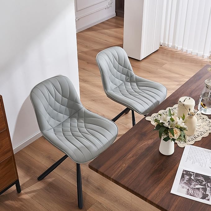 YOUNUOKE Upholstered Dining Chairs Set of 2 Comfortable Mid Century Modern Kitchen Chair with Sturdy Metal Legs Faux Leather Dinner Chairs for Kitchen Dining Room, Grey - LeafyLoom