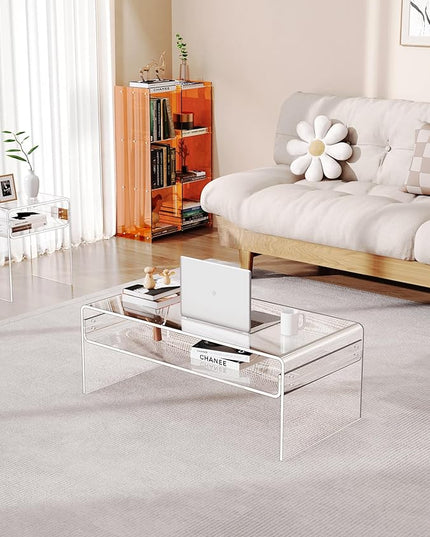 Acrylic Coffee Table for Living Room Clear Rectangle Lucite Table with Open Storage Shelf, Clear - LeafyLoom