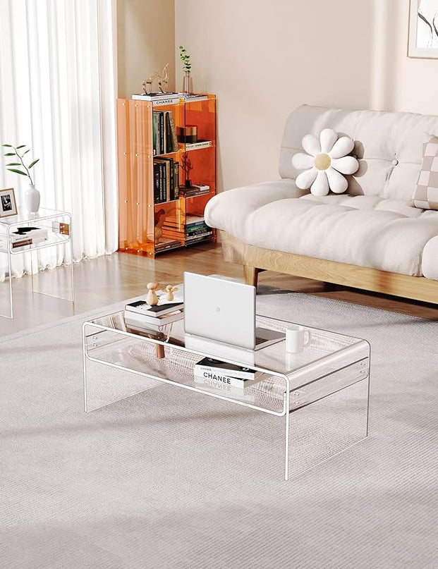 Acrylic Coffee Table for Living Room Clear Rectangle Lucite Table with Open Storage Shelf, Clear - LeafyLoom