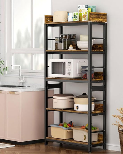 Aquzee Bookshelf, 66" H 5-Tiers Heavy Duty Industrial Shelving Wood & Metal Bookcase, Rustic and Black Tall Shelf Units for Home, Office, Living Room - LeafyLoom