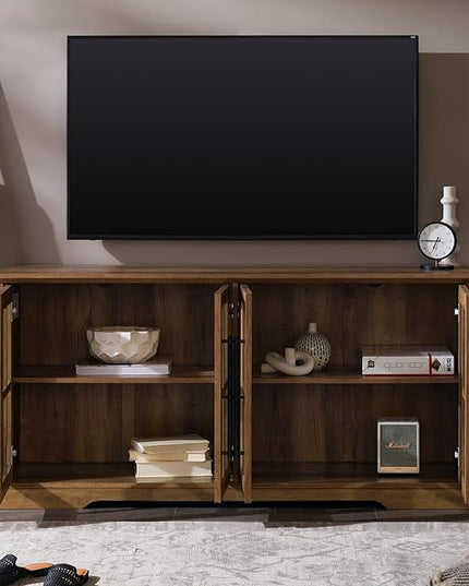 Walker Edison Farmhouse Barn Glass Door Wood Universal TV Stand for TV's up to 64" Flat Screen Living Room Storage Cabinet Doors and Shelves Entertainment Center, 58 Inch, Rustic Oak - LeafyLoom
