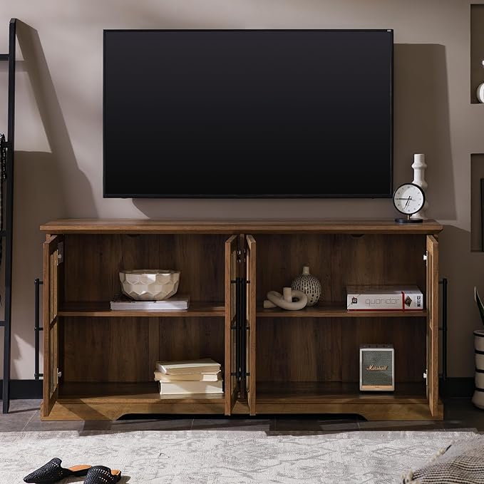 Walker Edison Farmhouse Barn Glass Door Wood Universal TV Stand for TV's up to 64" Flat Screen Living Room Storage Cabinet Doors and Shelves Entertainment Center, 58 Inch, Rustic Oak - LeafyLoom