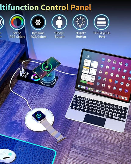 Lvifur 67” L Shaped Desk with Wireless Charging Station,24-Color RGB Dimmable Computer Desk with Pegboard,Gaming Desk with Monitor Stand, Display Stand,Human Sensor Lights for Home Office - LeafyLoom