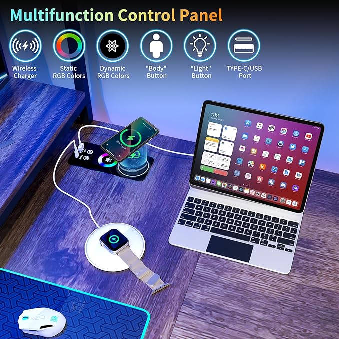 Lvifur 67” L Shaped Desk with Wireless Charging Station,24-Color RGB Dimmable Computer Desk with Pegboard,Gaming Desk with Monitor Stand, Display Stand,Human Sensor Lights for Home Office - LeafyLoom