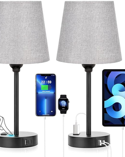 Grey Bedside Lamps for bedrooms Set of 2 - Nightstand Bedroom Lamp with USB C Port and AC Outlet Charging, 3 Way Dimmable Touch Control Small Bed Side Table Lamp, Night Stand Light for Kids/Guest Room - LeafyLoom