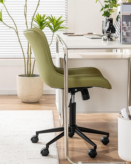 YOUNIKE Office Chair, Armless Desk Chair with Wheels, Home Office Computer Task Chairs, Modern Faux Leather Padded Vanity Chair, Adjustable Swivel Rolling Chairs with Back, Avocado Green - LeafyLoom