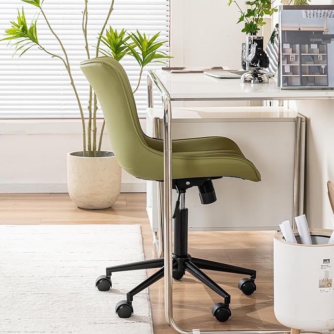 YOUNIKE Office Chair, Armless Desk Chair with Wheels, Home Office Computer Task Chairs, Modern Faux Leather Padded Vanity Chair, Adjustable Swivel Rolling Chairs with Back, Avocado Green - LeafyLoom