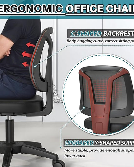 Armless Office Chair Ergonomic Swivel Small Computer Desk Chairs No Armrests with Wheels Adjustable Height Black Task Chairs without Arms for Small Spaces - LeafyLoom
