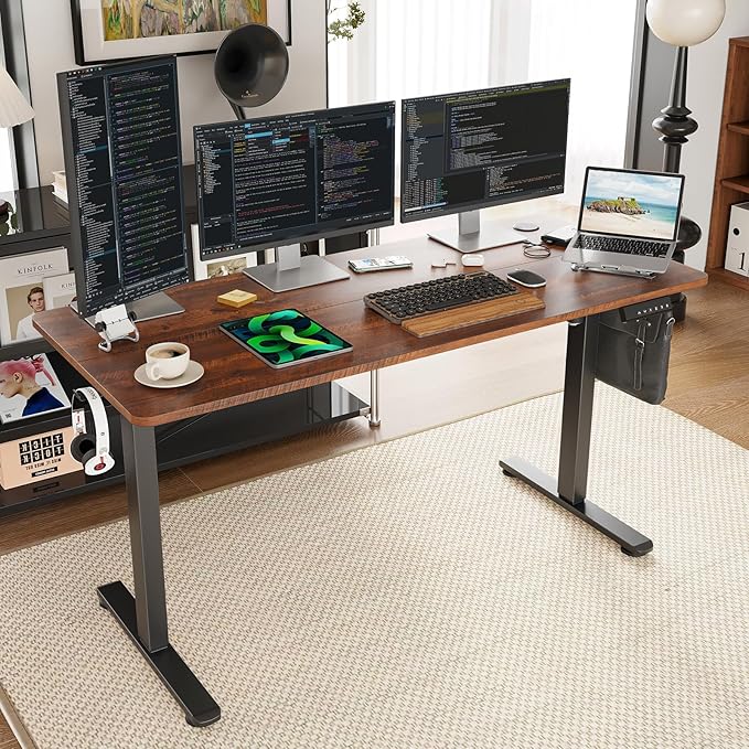 STARY Electric Memory Preset 55 x 24 Inches Adjustable Height Computer Workstation Sit Stand Home Office Desk with Splice Board, 5524, Rustic Brown/Black Frame - LeafyLoom