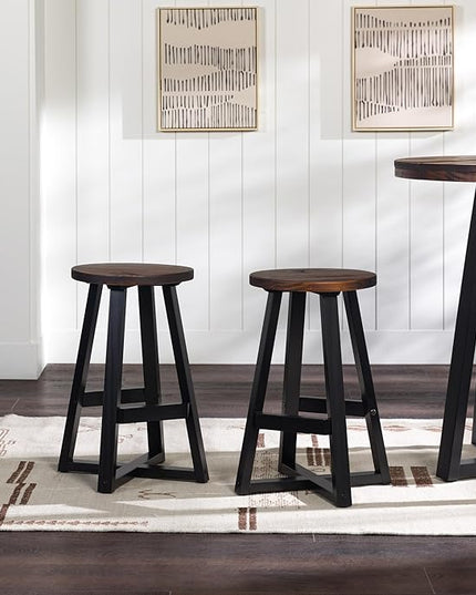 Walker Edison Rustic Distressed Solid Wood Round Dining Room Counter Top Bar Stool, 24 Inch, Mahogany - LeafyLoom