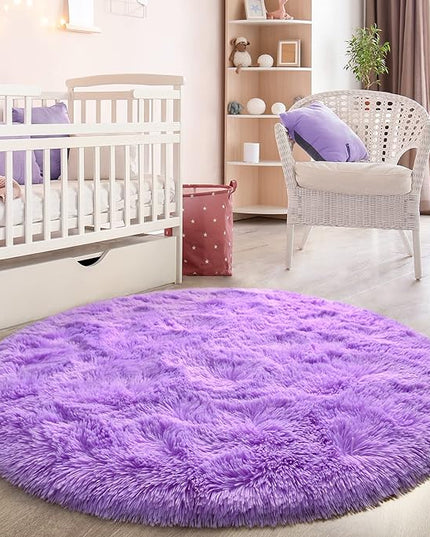 Purple Round Rug for Bedroom, Super Fluffy Circle Rugs for Baby Nursery, 4'X4' Feet Furry Carpet for Children Kids Room, Cute Soft Shaggy Rug for Girls Home Decor, Fuzzy Plush Carpets for Dorm - LeafyLoom