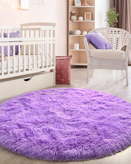 Purple Round Rug for Bedroom, Super Fluffy Circle Rugs for Baby Nursery, 5'X5' Feet Furry Carpet for Children Kids Room, Cute Soft Shaggy Rug for Girls Home Decor, Fuzzy Plush Carpets for Dorm - LeafyLoom