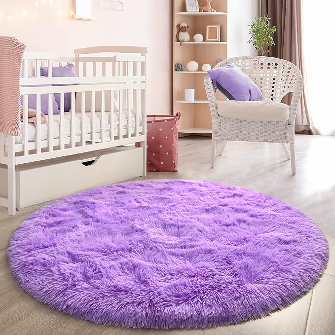 Purple Round Rug for Bedroom, Super Fluffy Circle Rugs for Baby Nursery, 5'X5' Feet Furry Carpet for Children Kids Room, Cute Soft Shaggy Rug for Girls Home Decor, Fuzzy Plush Carpets for Dorm - LeafyLoom