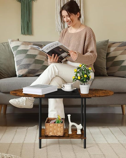 ETELI Small Round Coffee Tables for Small Space Farmhouse Oval Coffee Table with 2-Tier Storage Shelf Circle Center Tea Table for Living - LeafyLoom