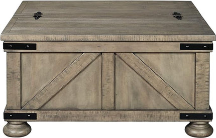 Signature Design by Ashley Aldwin Farmhouse Square Coffee Table with Lift Top for Storage, Grayish Brown, 36 in x 36 in x 18 in - LeafyLoom