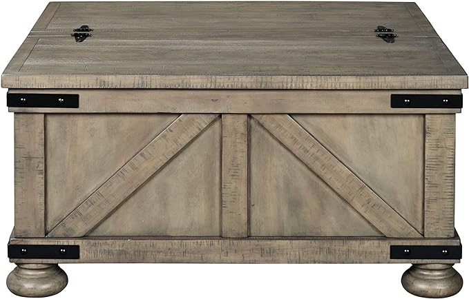 Signature Design by Ashley Aldwin Farmhouse Square Coffee Table with Lift Top for Storage, Grayish Brown, 36 in x 36 in x 18 in - LeafyLoom