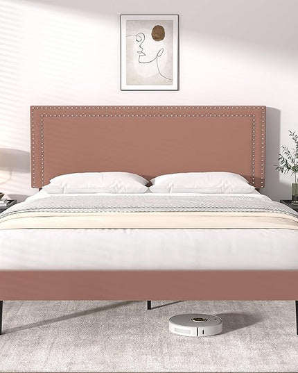 VECELO Queen Size Platform Bed Frame with Adjustable Upholstered Headboard, Modern Mattress Foundation,Strong Wood Slat Support, No Box Spring Needed, Easy Assembly - LeafyLoom