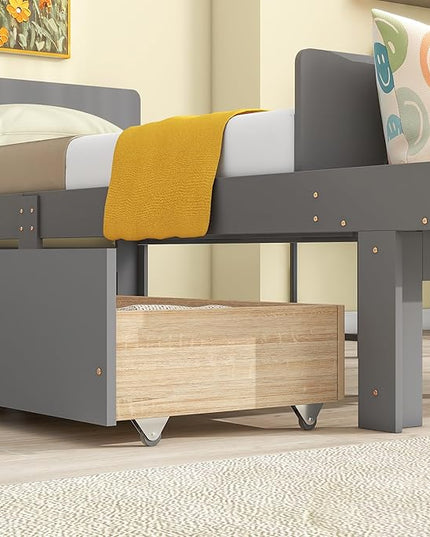 Twin Bed with 2 Drawers,Storage Platform Bed with Footboard Bench and Headboard,Pine Wood Twin Size Bed Frame High Stable for Kids,Boys,Girls,Teens, No Box Spring Needed,Grey - LeafyLoom