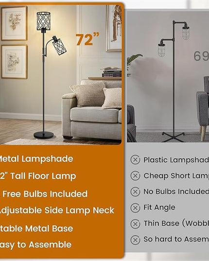 72" Farmhouse Floor Lamps for Living room, Black Floor Lamps with Adjustable Reading Lamp, 2-Light Tall Standing Lamps with 2 Edison Bulbs, Industrial Floor Lamps for Bedroom, Office, 6W, Black - LeafyLoom