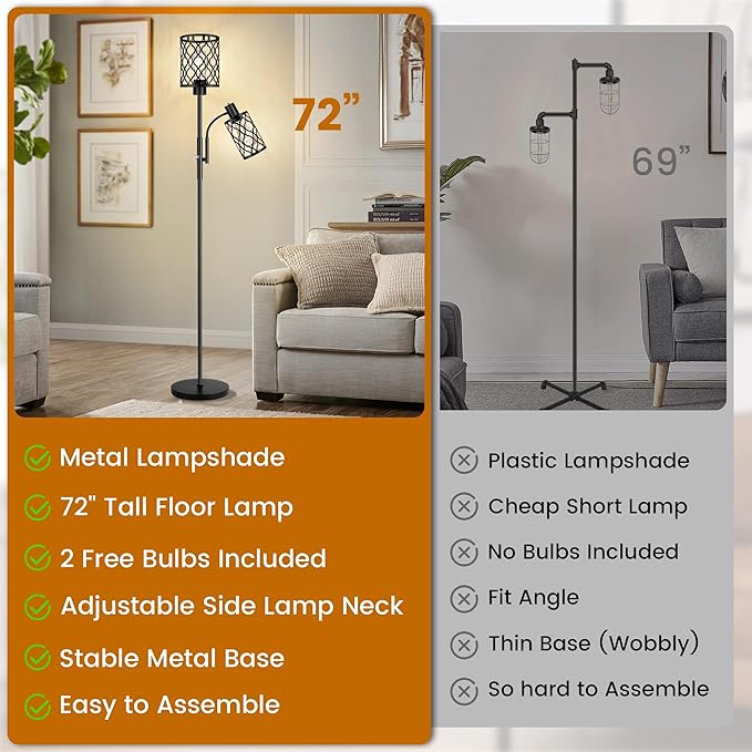 72" Farmhouse Floor Lamps for Living room, Black Floor Lamps with Adjustable Reading Lamp, 2-Light Tall Standing Lamps with 2 Edison Bulbs, Industrial Floor Lamps for Bedroom, Office, 6W, Black - LeafyLoom