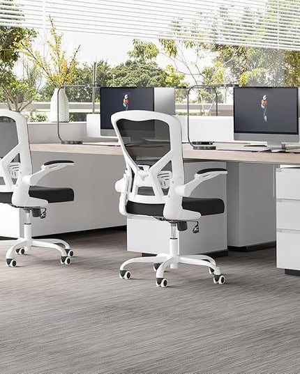 Office Desk Chair, Ergonomic Desk chair with Wheels, High Back Home Office Chair, Mesh Computer chair with Filp-up Armrests for Study room Bedroom, White - LeafyLoom