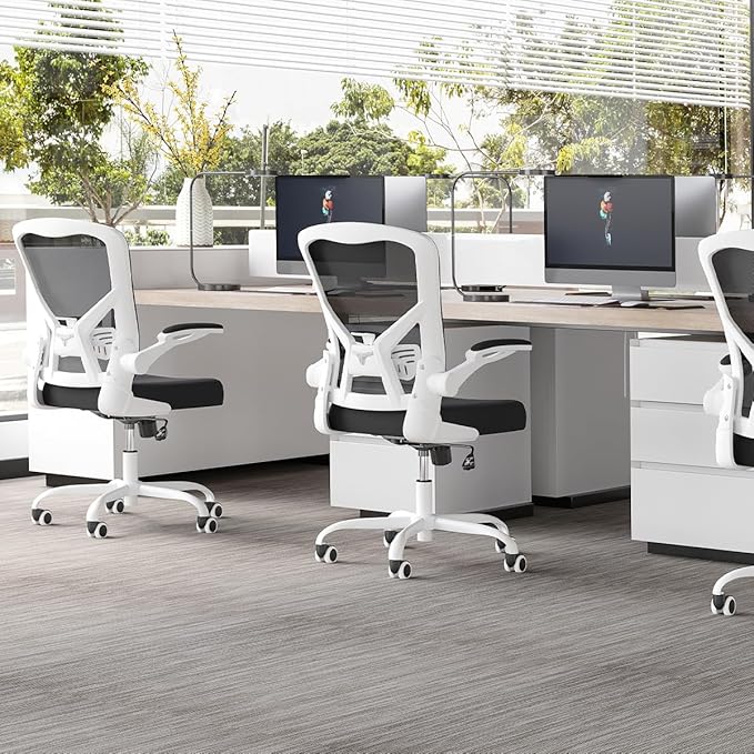 Office Desk Chair, Ergonomic Desk chair with Wheels, High Back Home Office Chair, Mesh Computer chair with Filp-up Armrests for Study room Bedroom, White - LeafyLoom