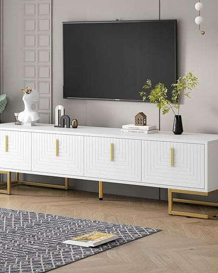 Merax Modern Stand with Metal Legs, Gold Handles, Geometric Lines and Adjustable Shelves for TVs Up to 80'' Media Console Table, Luxury Storage Cabinets for Living Room, 70.8" Length, White - LeafyLoom