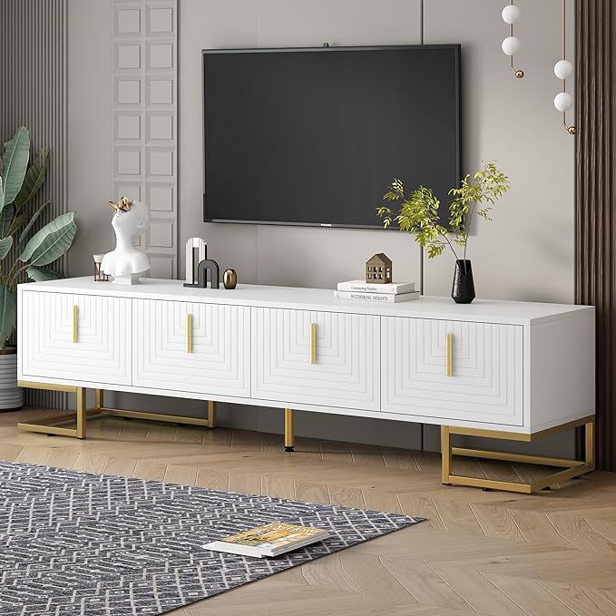 Merax Modern Stand with Metal Legs, Gold Handles, Geometric Lines and Adjustable Shelves for TVs Up to 80'' Media Console Table, Luxury Storage Cabinets for Living Room, 70.8" Length, White - LeafyLoom