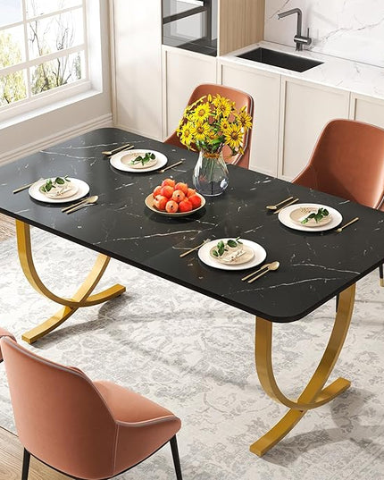 Dining Room Table, Kitchen Table with Faux Marble Table Top and Gold Metal Legs - LeafyLoom