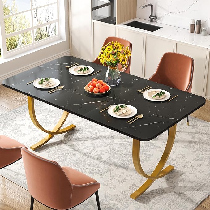 Dining Room Table, Kitchen Table with Faux Marble Table Top and Gold Metal Legs - LeafyLoom