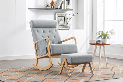 Armchair with Ottoman, Mid-Century Upholstered Accent Nursery, Glider Rocker Thick Cushion, Comfy Indoor Leisure Lounge Living Room, Bedroom, Office, Rocking Chair, Gray - LeafyLoom