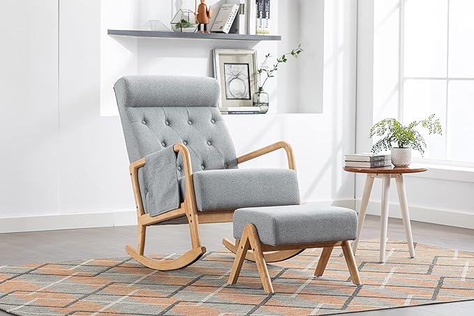 Armchair with Ottoman, Mid-Century Upholstered Accent Nursery, Glider Rocker Thick Cushion, Comfy Indoor Leisure Lounge Living Room, Bedroom, Office, Rocking Chair, Gray - LeafyLoom