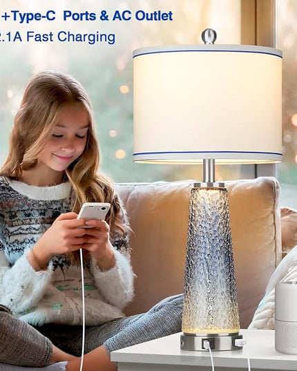 Glass Table Lamps for Living Room, 26" Modern Table Lamps with USB A+C Ports & AC Outlet, Touch Control Bedside Nightstand Lamp with Crystal Night Light for End Table Office Desk Blue(Bulbs Included) - LeafyLoom