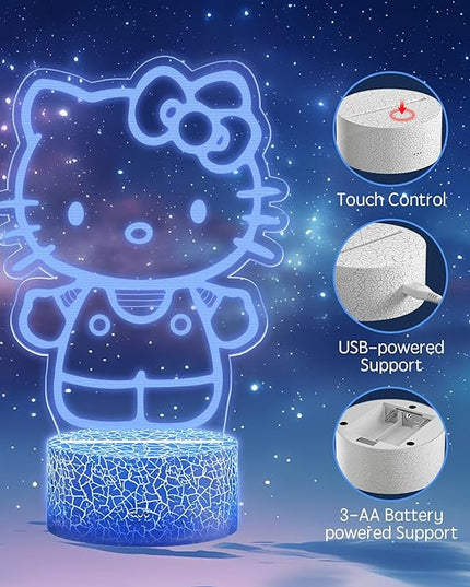 Kitty Night Light Room Decor Gift, Cute Birthday Gifts for Baby Girls Kids, Kitty LED Light for Bedroom Decorations, Kitty Lamp with Remote Control, Dimmer, Timer, RGB Light, 3D Cute Stickers - LeafyLoom