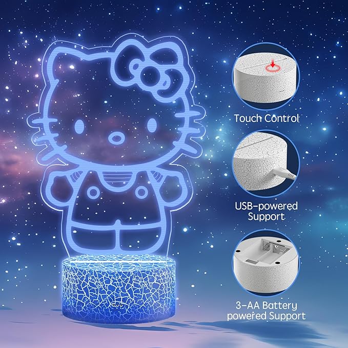 Kitty Night Light Room Decor Gift, Cute Birthday Gifts for Baby Girls Kids, Kitty LED Light for Bedroom Decorations, Kitty Lamp with Remote Control, Dimmer, Timer, RGB Light, 3D Cute Stickers - LeafyLoom