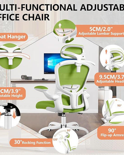 FelixKing Office Chair with Headrest, Ergonomic Desk Chair with Wheels, Task Swivel Comfy Chair with Adjustable Lumbar Support, Breathable Mesh Computer Chair with flip-up Armrests (Green) - LeafyLoom